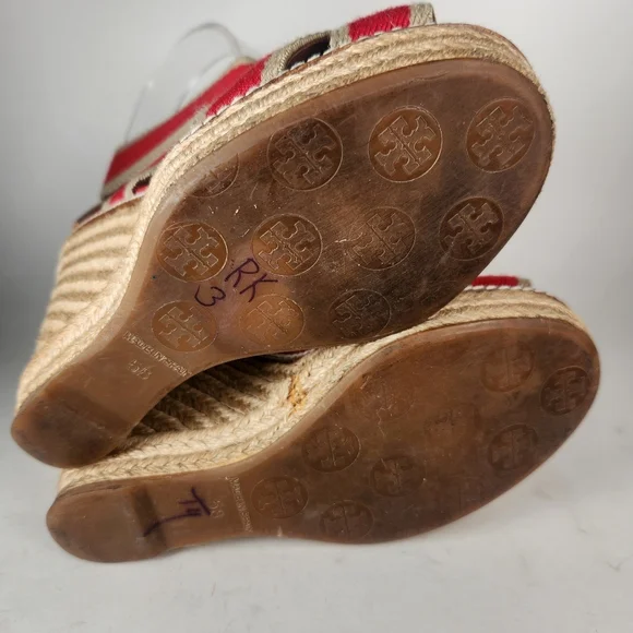 TORY BURCH Women's Adonis Espadrille Sandal Size 5 Red Wedge Leather Made Spain - Picture 12 of 12